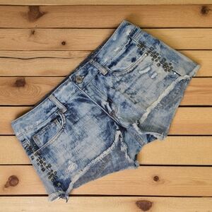 AMERICAN EAGLE OUTFITTERS Y2K Acid Wash Studded Micro Jean Shorts Sz 6 Raw Hem